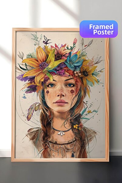 Zestia Pictură murală artistică în acuarelă cu ramă din lemn, portretul unei ...