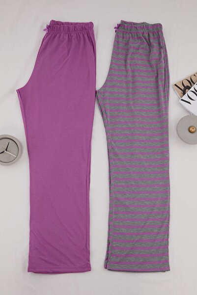 Trendyol Curve Μωβ-Πολύχρωμες ριγέ πιτζάμες μεγάλου μεγέθους 2 πακέτα TBBAW26...