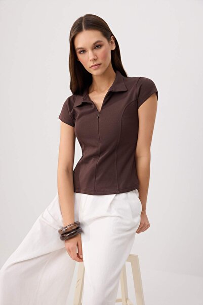 Trendyol Collection Brown Fitted Polo Neck Short Sleeve Stretch Knitted Blous...