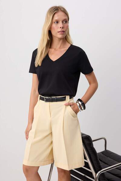 Trendyol Collection Black Plain Oversize V-Neck Standard Sleeve Short Interlo...