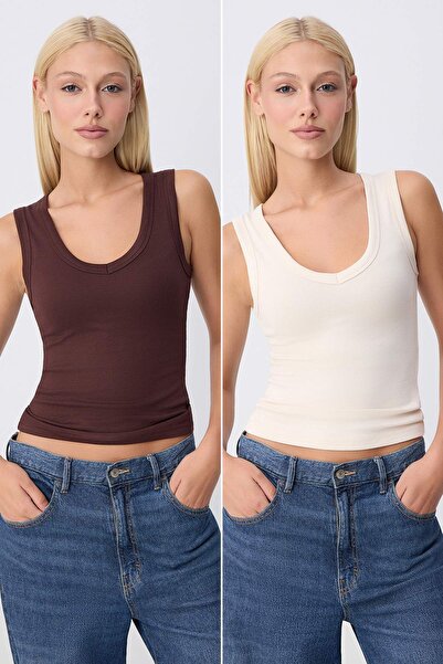 Trendyol Collection Brown-Beige Plain Fitted V-Neck Thick Strap Sleeveless So...