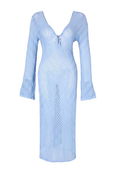 Trendyol Collection Blue Knitwear Maxi Deep V Neck Transparent Beach Dress Tb...
