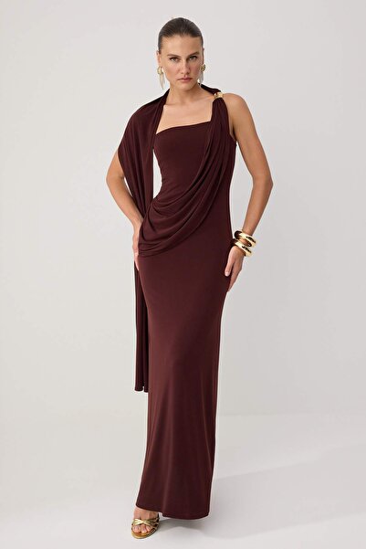 Trendyol Collection Brown Plain Weave Sandy Maxi Evening Dress & Graduation D...