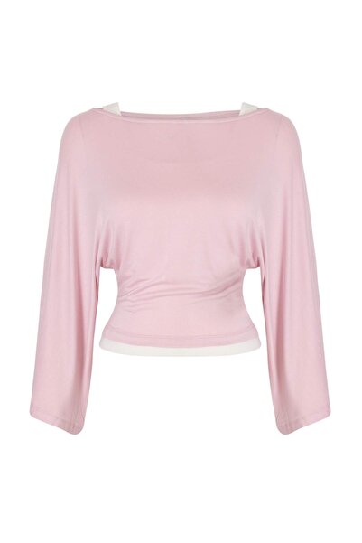 Trendyol Collection Bluză tricotată transparentă, roz deschis, 2 piese, croia...