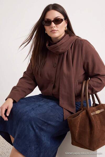 Συλλογή Trendyol Καφέ Oversize Κοντό Μπουφάν με Γιακά Σάλι και Μονόχρωμο Κλεί...