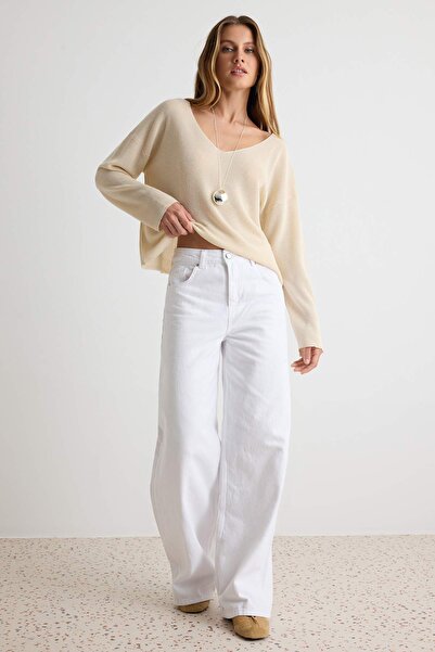 Trendyol Collection White High Waist Extra Wide Leg Loose Fit 100% Cotton Jea...