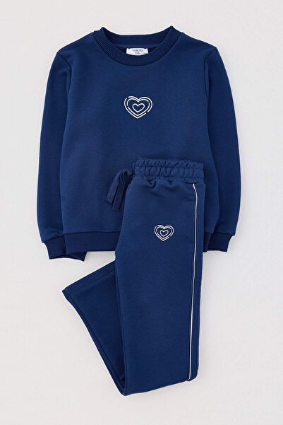 TRENDYOLKIDS Navy Blue Girls' Plain Knitted Top and Bottom Set Tkdaw27Au00006