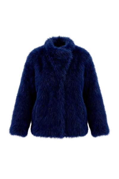 Trendyol Curve Navy Blue Regular Fit Fur Large Size Coat Tbbaw25Aw00000
