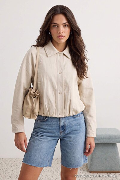 Trendyol Collection Stone Oversize Molded Soft Faux Leather Bomber Jacket Coa...