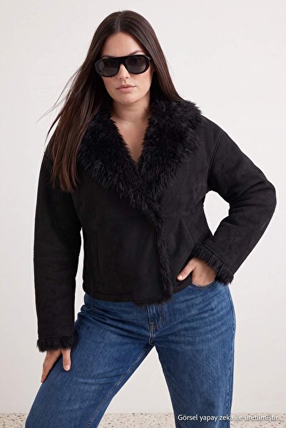 Trendyol Collection Palton negru cu guler cu model standard din piele intoars...