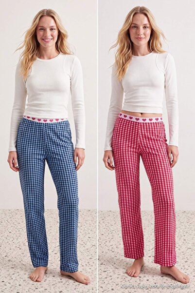 Trendyol Collection بنطلون بيجامة منسوج من القطن الناعم والليكرا باللونين الو...