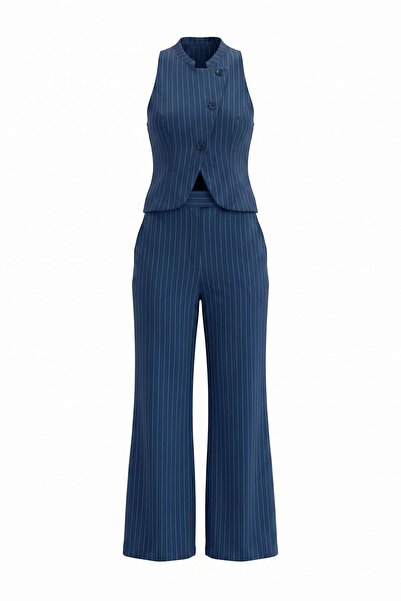 Trendyol Collection Navy Blue Striped Vest Pantswoven Bottom - Top Set Twoaw2...