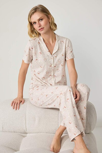 Trendyol Collection Beige 100% Cotton Cat Patterned Knitted Pajamas Set Thmaw...