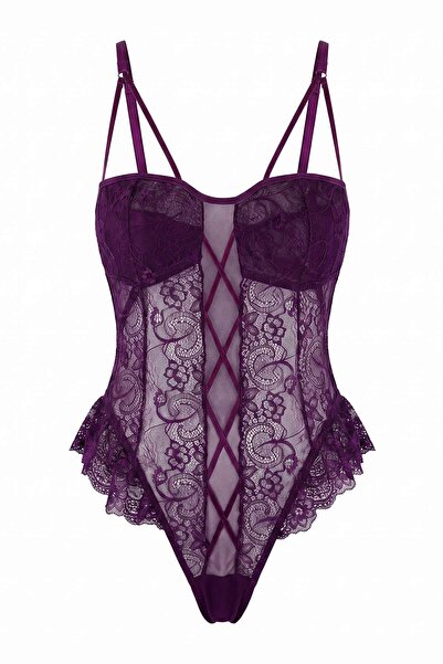 Trendyol Collection بودي محبوك بتفاصيل دانتيل بلون البرقوق وحزام من الخيوط TH...