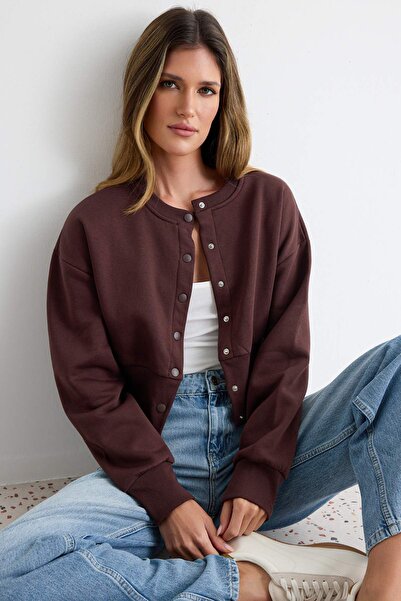 Trendyol Collection Brown Thick Waist-Fitted Button Detailed Regular Fit Crop...