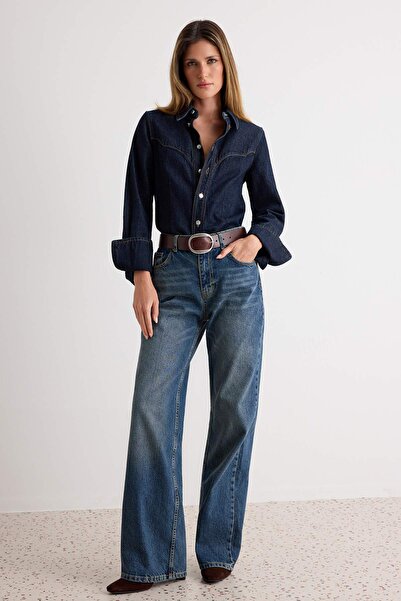 TRENDYOLMİLLA Koyu Mavi Premium Yüksek Bel Wide Leg Jeans TWOSS25JE00089