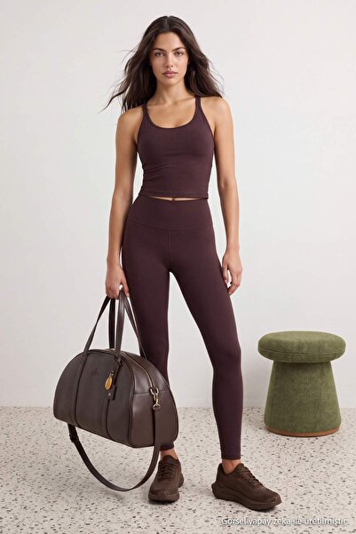 Trendyol Collection Brown Diving/Scuba Fabric Knitted Sports Bottom - Top Set...