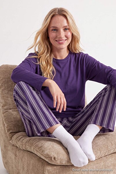 Trendyol Collection Purple Cotton Striped Knitted Pajamas Set Thmaw25Pt00188