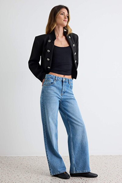 Trendyol Collection Blue 100% Cotton High Waist Ankle Length Wide Leg Jeans T...