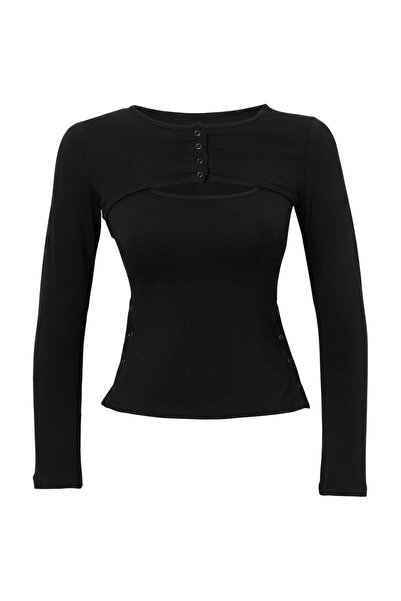 Trendyol Collection Black Plain Fitted Crew Neck Bolero Accessory Detailed Ly...