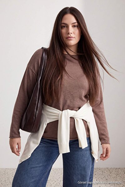 Trendyol Curve Mink Cotton Transparent Look Thin Seasonal Knitwear Sweater Tb...