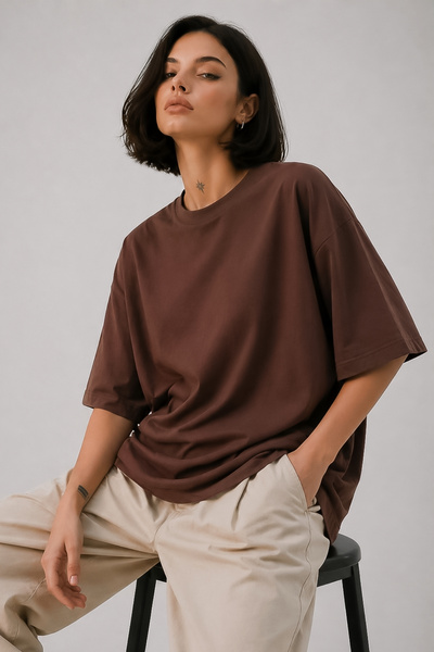 Gizrain Women's Brown Oversize Oysho Fabric Basic T-Shirt - Loose Fit Comfort...