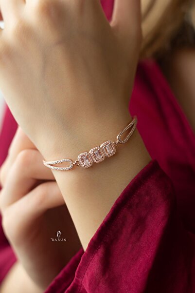 BY BARUN SİLVER Baget Bileklik Kare Beyaz Pırlanta Görünümlü Rose Pembe 925 A...