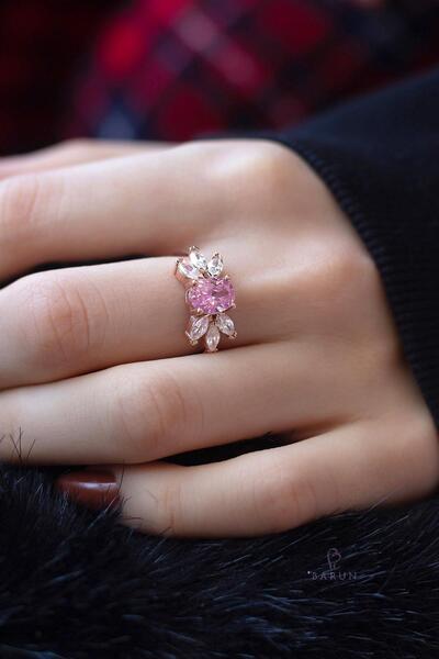 BY BARUN SİLVER Ayarlanabilir Yüzük Yuvarlak 925 Ayar Zirkon Taşlı Rose Pembe...