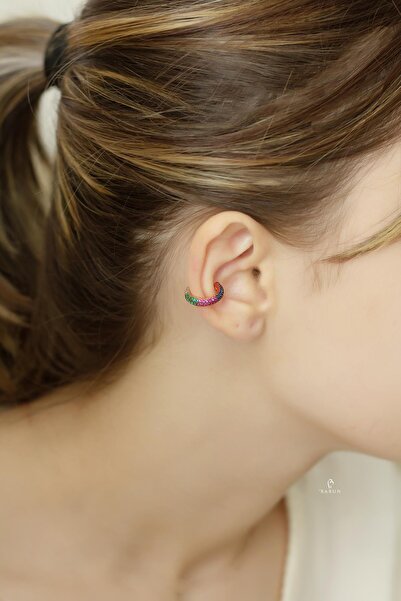 BY BARUN SİLVER Renkli Yuvarlak Taşlı 925 Ayar Gümüş Halka Kıkırdak Küpe Earcuff
