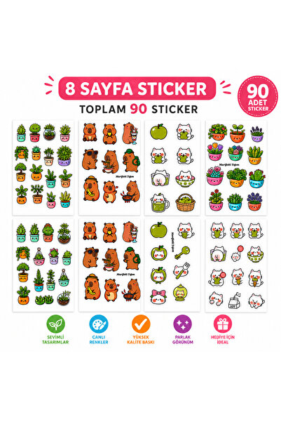 marifetli tığım Cute Character & Plant Sticker Set 90 Pieces – 8 Sheets of St...