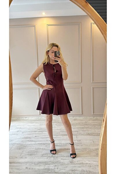 BeeYouStudio Burgundy Pleated Mini Viscose Dress with Bow on the Front