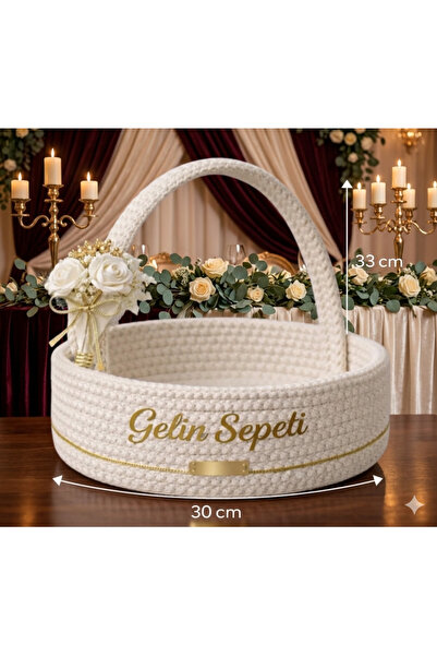 Metasupla Gold Detaylı Hasır Gelin Bohçası Sepeti 30 cm premium Çeyizlik Sepet