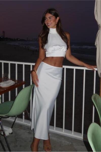Seeh White Midi Satin Skirt Sh214