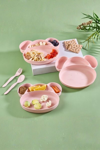 SHOP AND JOY Pink Baby Food Plate Set with Mouse Figure and 4 Compartments - Educational Spoon and Fork Set Bpa-Free