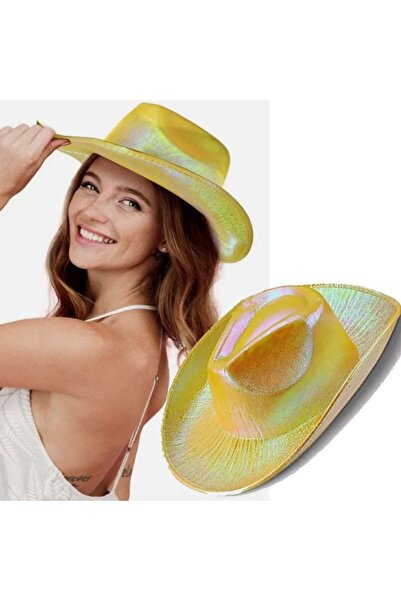 partidolu Ολογραφικό Ολόγραμμα Τυπωμένο Καουμπόικο Καπέλο Κίτρινο Χρώμα Ρετρό
