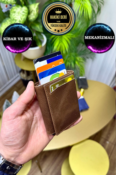 CüzCan Unisex Antik Kahve Hakiki Deri Mekanizmalı Cüzdan - (isme Özel)