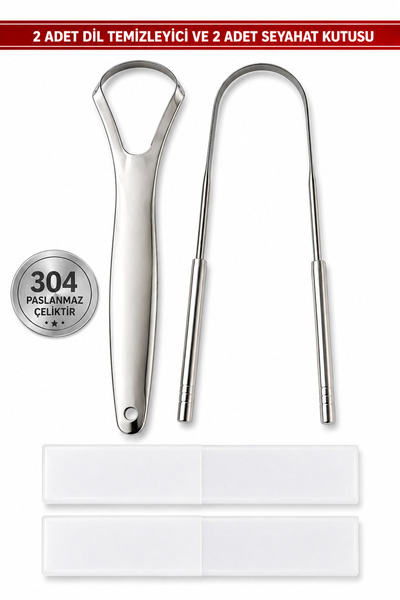 DentiGo Dil Temizleyici Seti 2'li - Paslanmaz Çelik – 2 Adet Seyahat Kutusu H...
