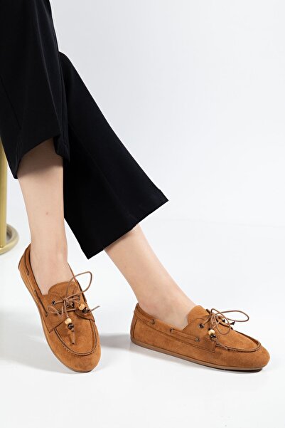 HWNLİFE G-03 Tan Suede Beaded String Casual Women's Ballerinas