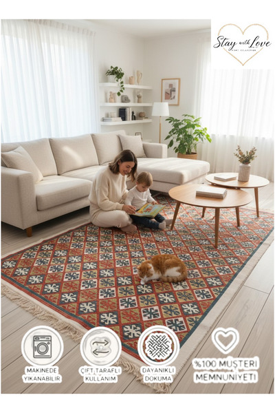 stay with love Dokuma Kilim Çift Taraflı Kullanılabilir Makinede Yıkanabilir ...