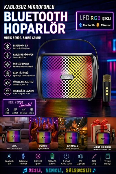 İTHALCİM Mini Kablosuz Mikrofonlu Bluetooth Hoparlör Multi-Medya Karaoke RGB ...