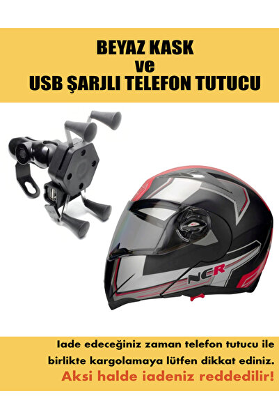 NCR ÇENE AÇILIR KASK KIRMIZI ve USB ŞARJLI TELEFON TUTUCU