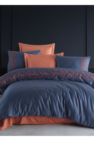 Dantela Luna Cotton Satin Embroidered Double Duvet Cover Set - Brick