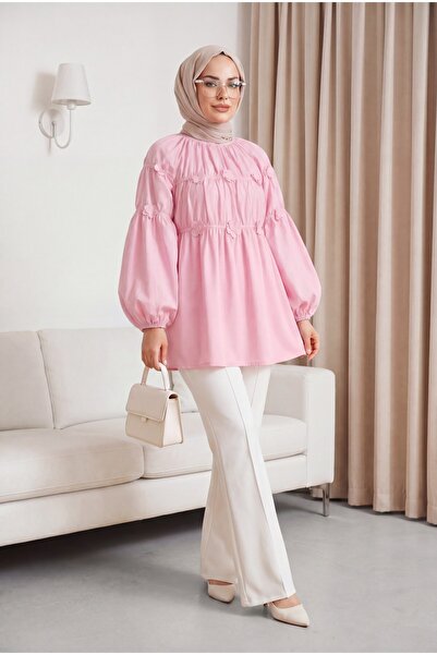 HİJABAYA Poplin Tunic with Daisy Detail and Elasticated Sleeves