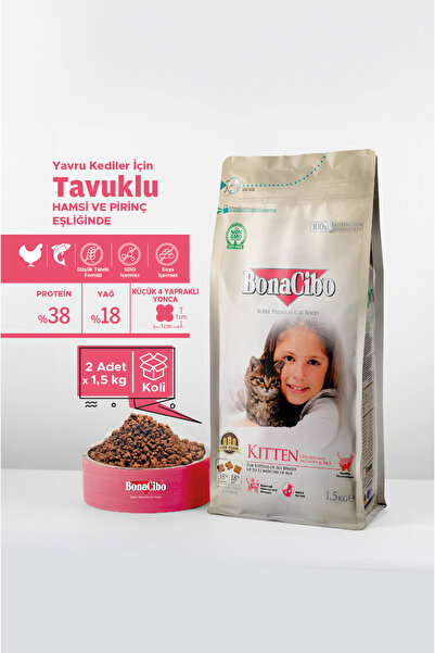 BonaCibo Kitten 1.5 Kg X 2 Li - Tavuklu (hamsi Ve Pirinç Eşliğinde) Yavru Ked...