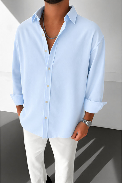 WAMOSSALAPLI Ανδρικό πουκάμισο Ayrobin με υφή Owersie Linen Baby Blue