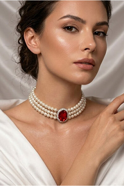 Happyline Kırmızı Oval Taşlı Cam İncili Choker Kolye, Tasma Kolye, Gümüş Kapl...