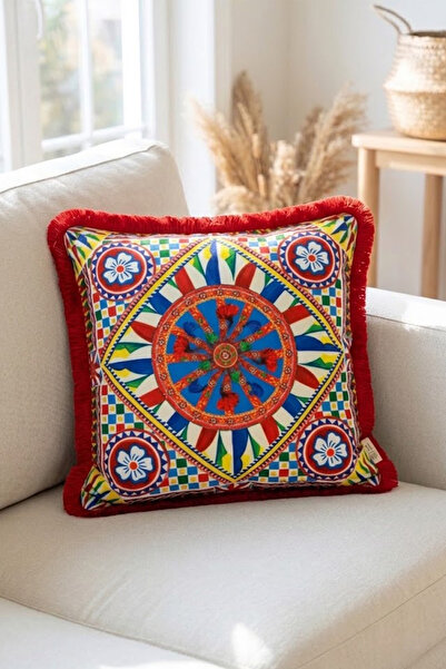 Alseko Concept Husă de pernă decorativă pătrată 43x43cm cu ciucuri roșii, mod...