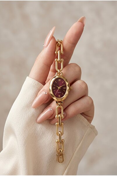 KLISHE Butik Tifany Kadın Çelik Saat Gold Renk & Bordo Kadran Vintage Old Mon...