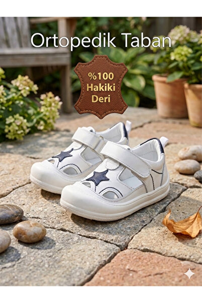 nuh kids Hakiki Deri Ortopedik Taban İlk Adım Bebek Sandalet