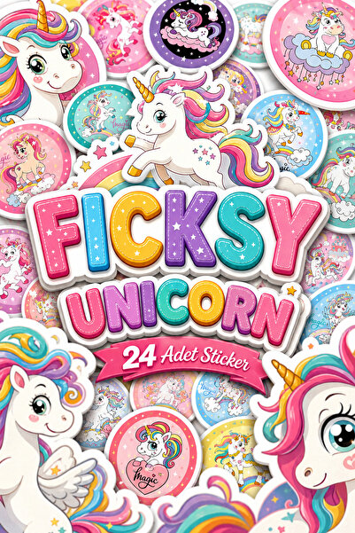 Ficksy Unicorn Tek Boynuzlu At Sticker Seti - 24 Adet Yuvarlak Etiket Çıkartma